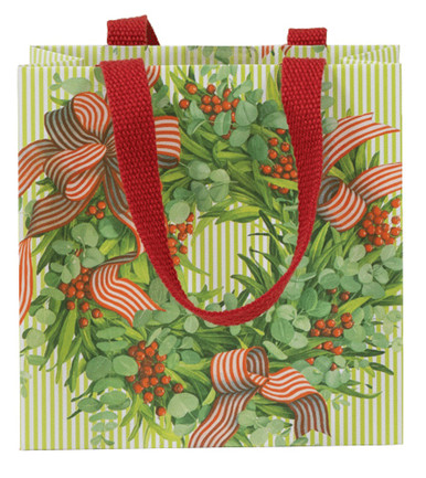 Caspari Small Square Gift Bag, Ribbon Stripe Wreath (10063B1.5)