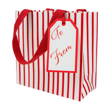 Caspari Small Square Gift Bag, Stripes For Days - Red and White (10092B1.5)