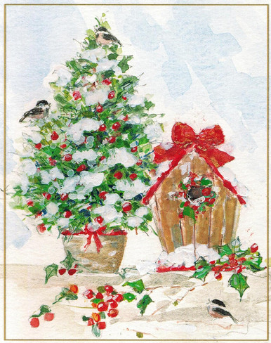 Caspari Boxed Christmas Cards, Winter Tree & Birdhouse - 16 Cards (102011)