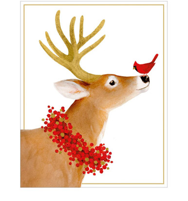 Caspari Petite Boxed Christmas Cards, Deer & Cardinal - Box of 15 cards & envelopes (105001)