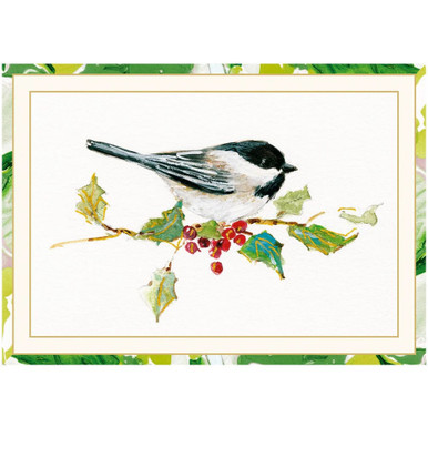 Caspari Boxed Christmas Cards, Chickadee & Holly Branch - Box of 15 cards & envelopes (105107)