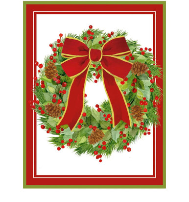 Caspari Boxed Christmas Cards, White Pine & Red Bow Wreath - Box of 15 cards & envelopes (105214)