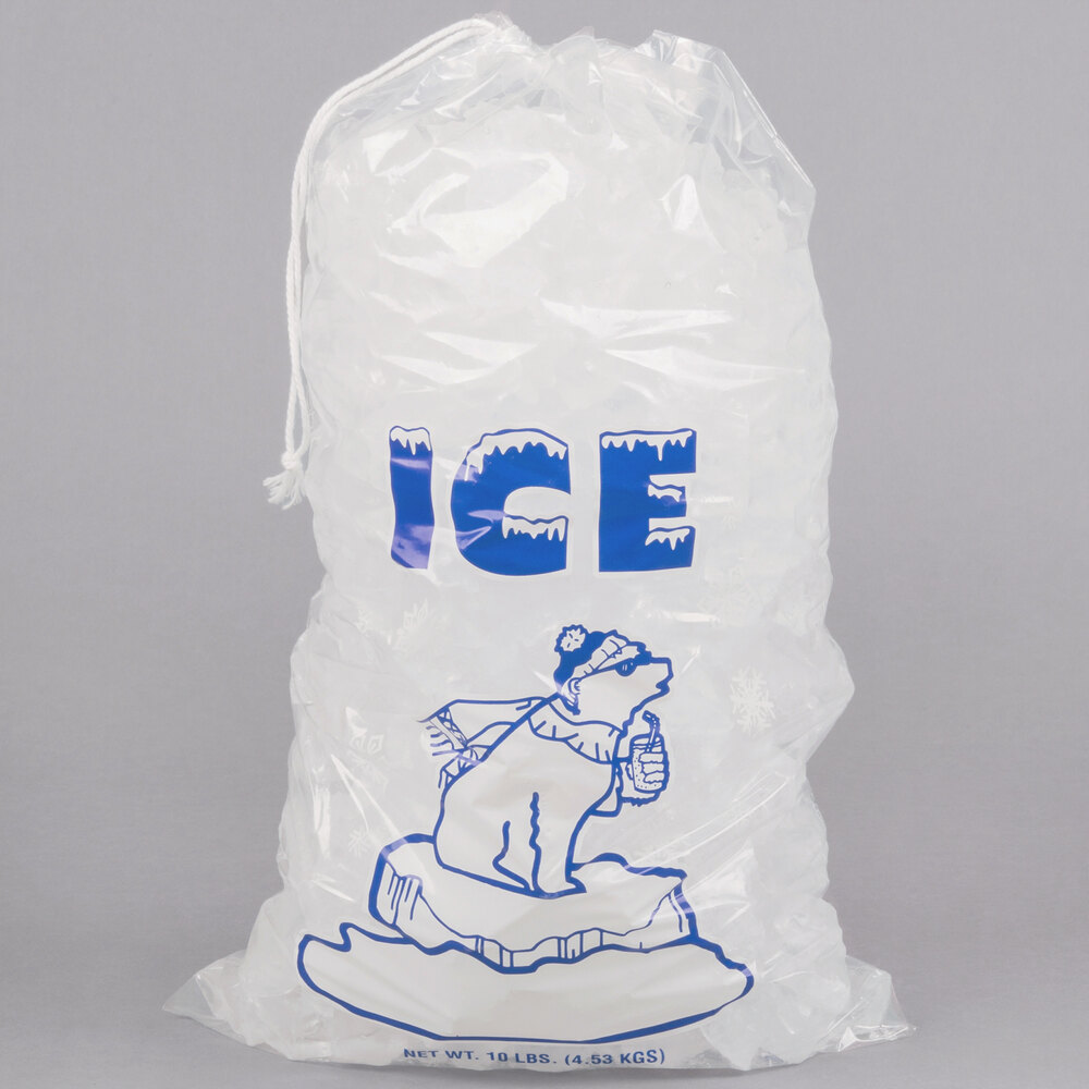 10 lb. Clear Plastic Drawstring Ice Bag with Polar Bear Graphic  - 500/Case