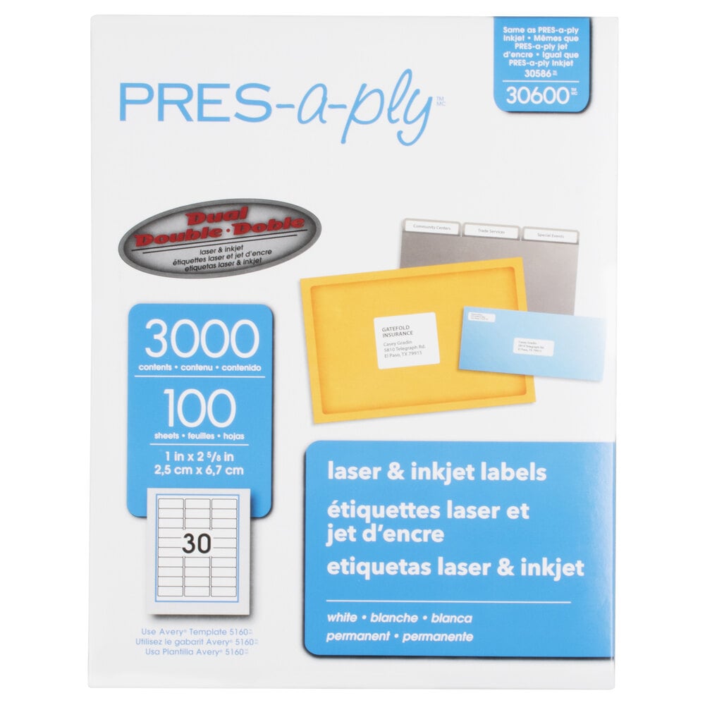 Avery® 30600 PRES-a-ply 1" x 2 5/8" White Rectangular Laser Address Labels - 3,000/Box