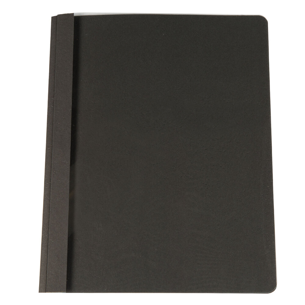 Universal Office UNV57120 11" x 8 1/2" Black Leatherette Embossed Paper Report Cover with Clear Cover and Prong Fasteners, Letter - 25/Box