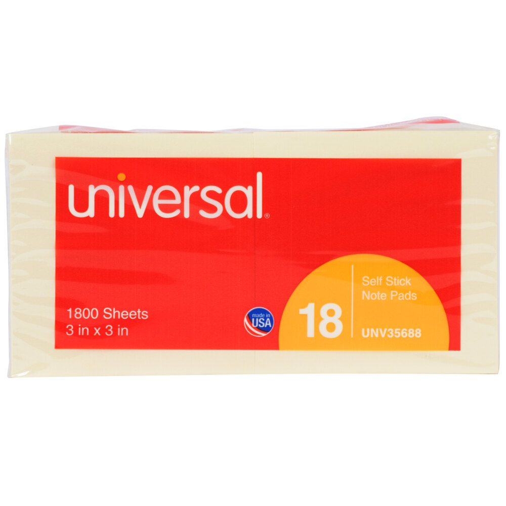 Universal UNV35688 3" x 3" Yellow Self-Stick Note - 18/Pack