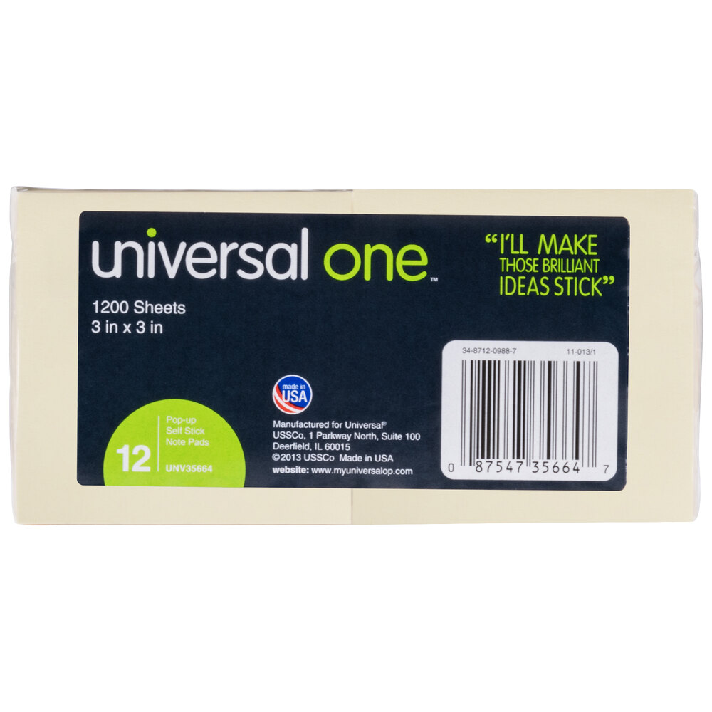Universal UNV35664 3" x 3" Yellow Fan-Folded Pop-Up Self-Stick Note - 12/Pack
