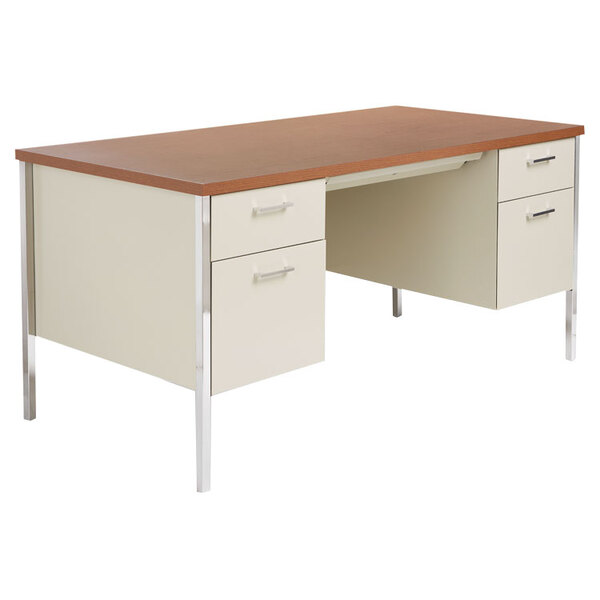Alera ALESD6030PC 60" x 30" Cherry and Putty Double Pedestal Steel Desk