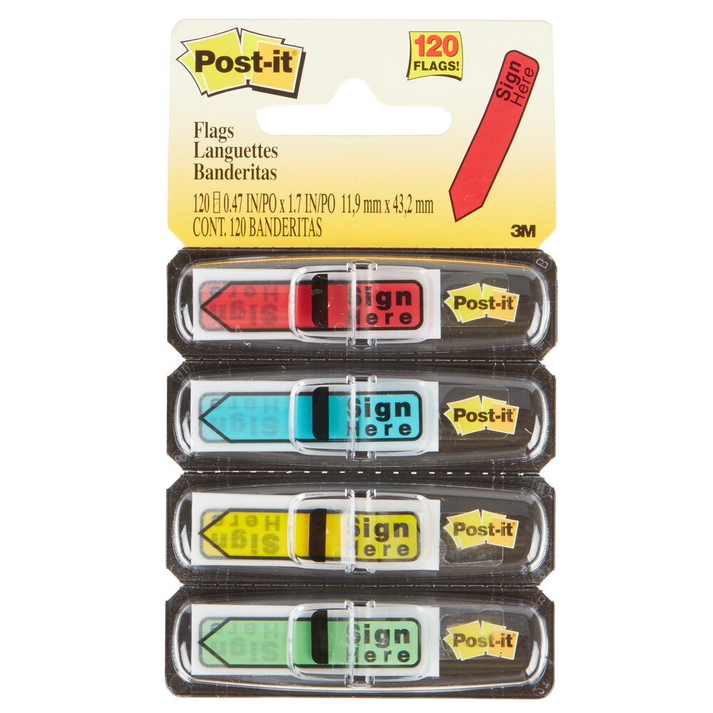 3M 684SH Post-It® 1/2" Assorted Color "Sign Here" Message Flag with Dispenser - 4/Pack