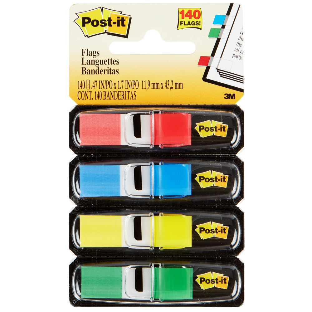 3M 6834 Post-It® 1/2" Assorted Primary Color Page Flag with Dispenser - 4/Pack