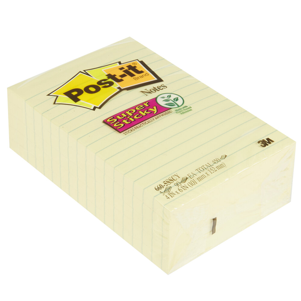 3M 660-5SSCY Post-It® 4" x 6" Canary Yellow Lined 90 Sheet Super Sticky Note Pad - 5/Pack