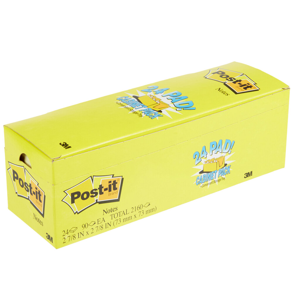 3M 654-24CP Post-It® 3" x 3" Canary Yellow 90 Sheet Sticky Note Pad - 24/Pack