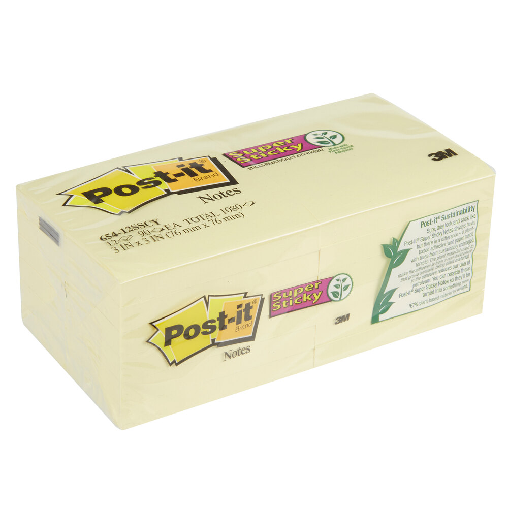 3M 654-12SSCY Post-It® 3" x 3" Canary Yellow 90 Sheet Super Sticky Note Pad - 12/Pack