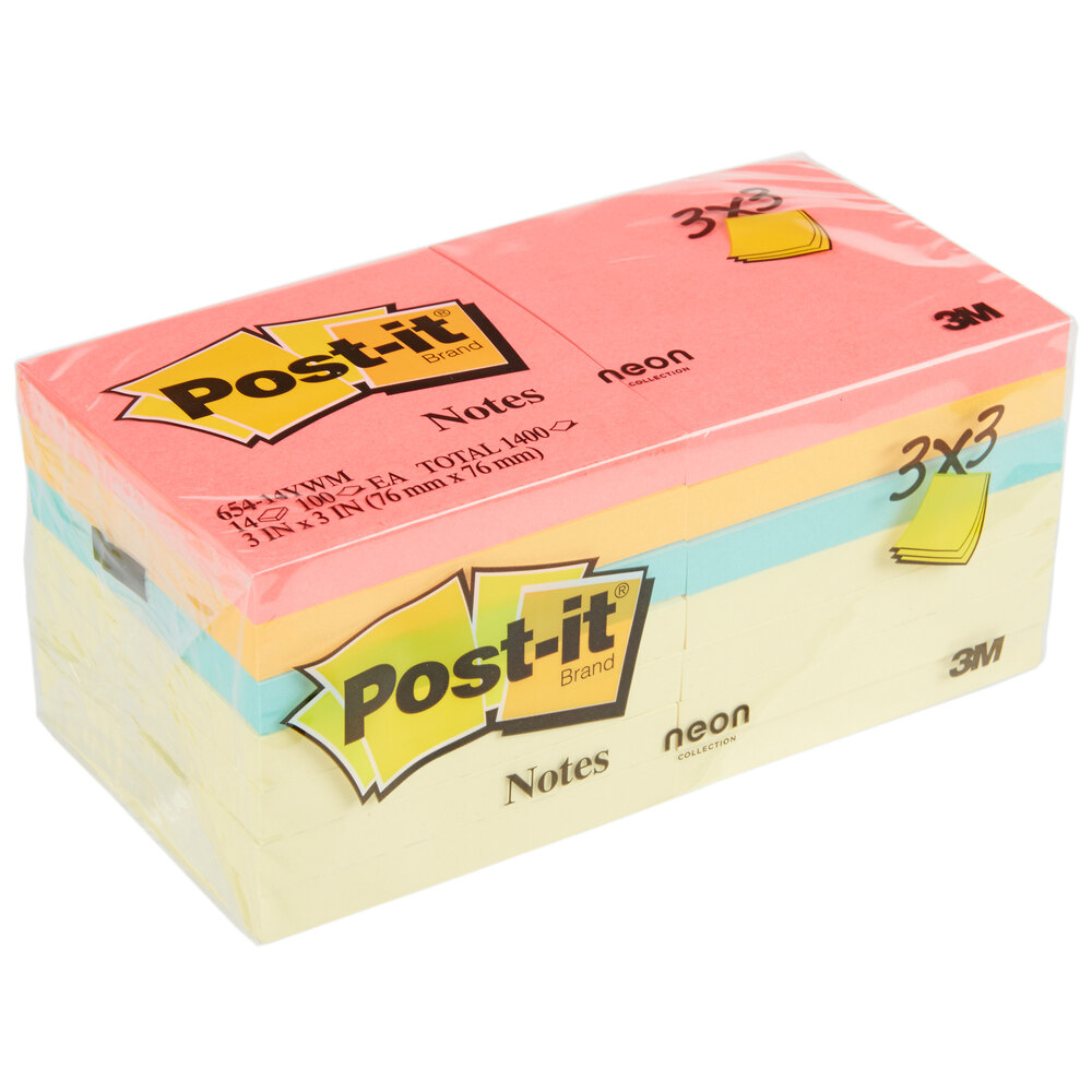 3M 654-14YWM Post-It® 3" x 3" 100 Sheet Sticky Note Pad, Canary Yellow and Neon Color Assortment - 14/Pack