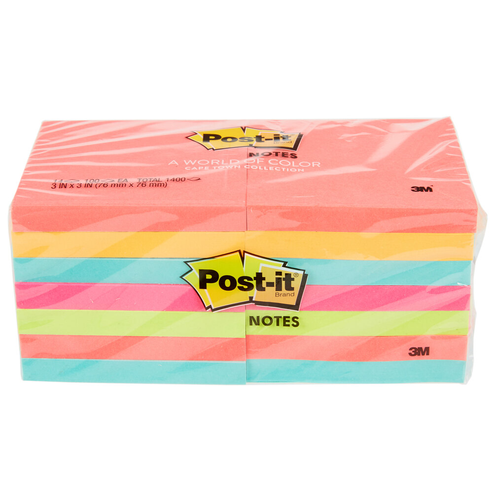 3M 654-14AN Post-It® Cape Town Collection 3" x 3" 100 Sheet Sticky Note Pad - 14/Pack