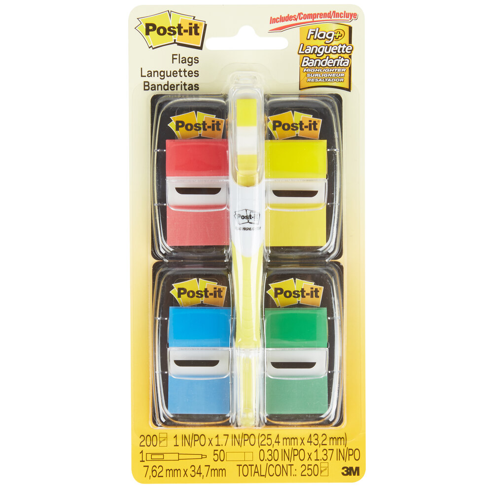 3M 680RYBGVA Post-It® 1" x 2" Assorted Color Page Flag with Dispensers and Bonus Flag Highlighter - 4/Pack