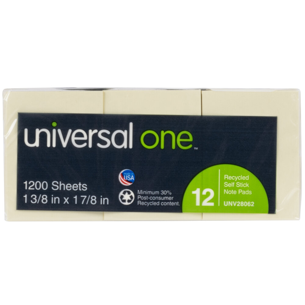Universal UNV28062 1 1/2" x 2" Yellow Recycled Sticky Note - 12/Pack