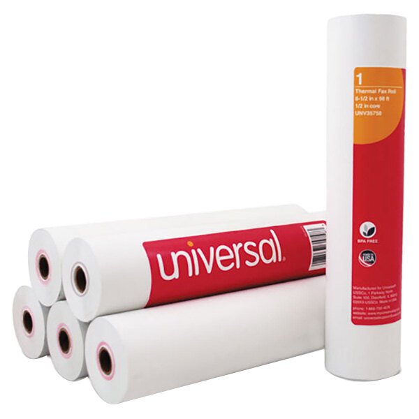 Universal Office UNV35758 8 1/2" x 98' White Ultra High Sensitivity Fax Thermal Paper Roll - 6/Case