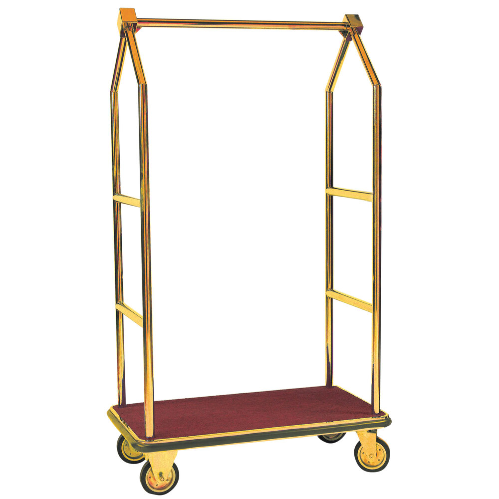 Aarco LC-2B Stainless Steel Brass Finish Luggage Cart with Clothing Rail - 42" x 24" Platform