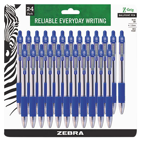Zebra 12225 Z-Grip Blue Ink with Clear Barrel 1mm Retractable Ballpoint Pen - 24/Pack