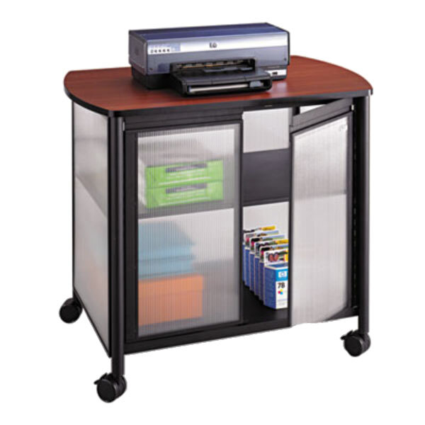 Safco 1859BL Impromptu Black / Cherry Deluxe Machine Stand with Shelf and Doors - 34 3/4" x 25 1/2" x 30 3/4"