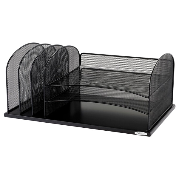 Safco 3254BL 19 3/8" x 11 3/8" x 8" Black 6 Section Mesh Desktop Organizer