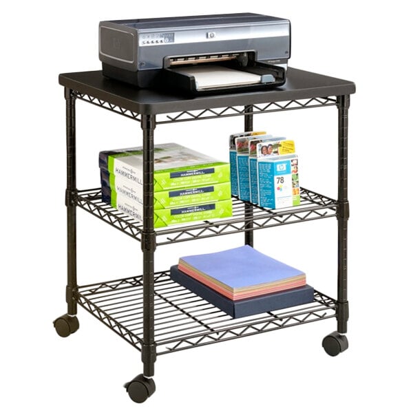 Safco 5207BL 3-Shelf Black Desk Side Wire Printer Stand - 24" x 20" x 27"