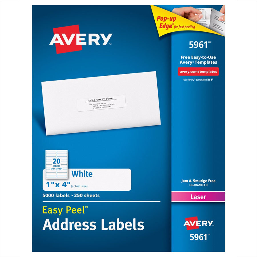 Avery® 5961 1" x 4" Easy Peel White Mailing Address Labels - 5,000/Box