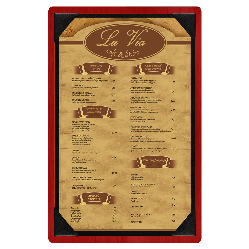 Menu Solutions WDPIX-A Berry 5 1/2" x 8 1/2" Customizable Wood Menu Board with Picture Corners