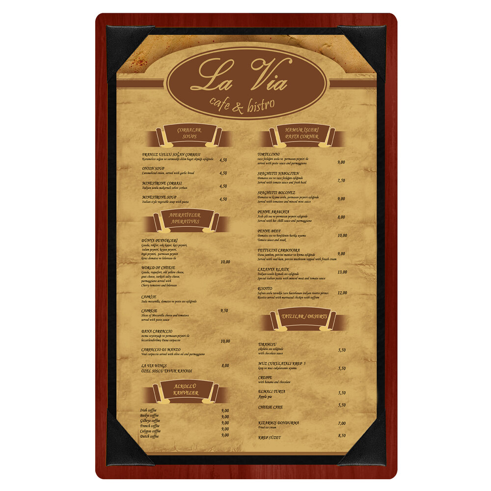 Menu Solutions WDPIX-A Mahogany 5 1/2" x 8 1/2" Customizable Wood Menu Board with Picture Corners