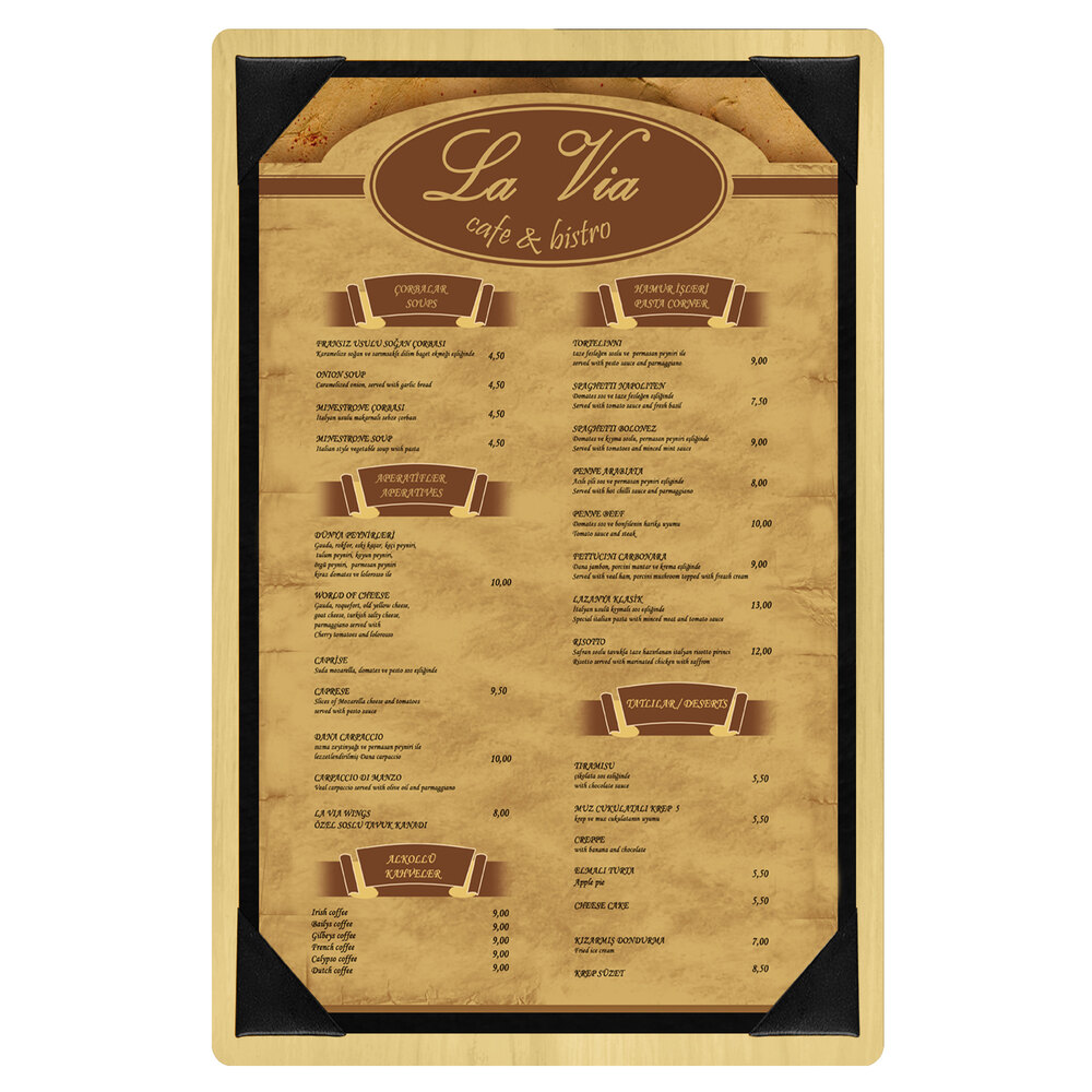 Menu Solutions WDPIX-A Natural 5 1/2" x 8 1/2" Customizable Wood Menu Board with Picture Corners