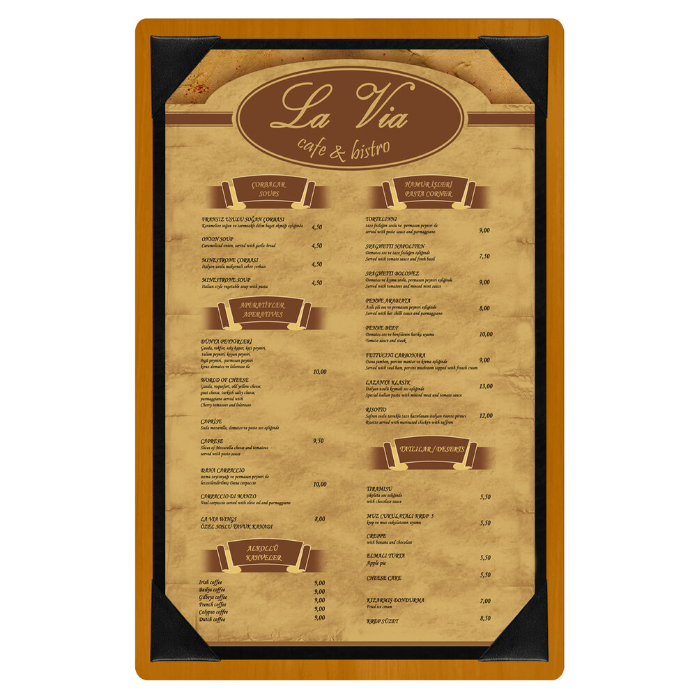 Menu Solutions WDPIX-A Country Oak 5 1/2" x 8 1/2" Customizable Wood Menu Board with Picture Corners