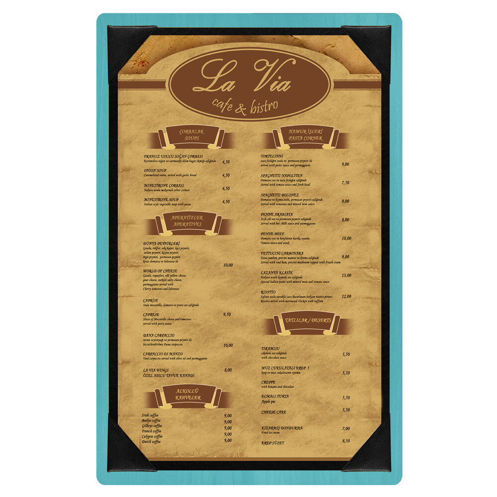 Menu Solutions WDPIX-A Sky Blue 5 1/2" x 8 1/2" Customizable Wood Menu Board with Picture Corners