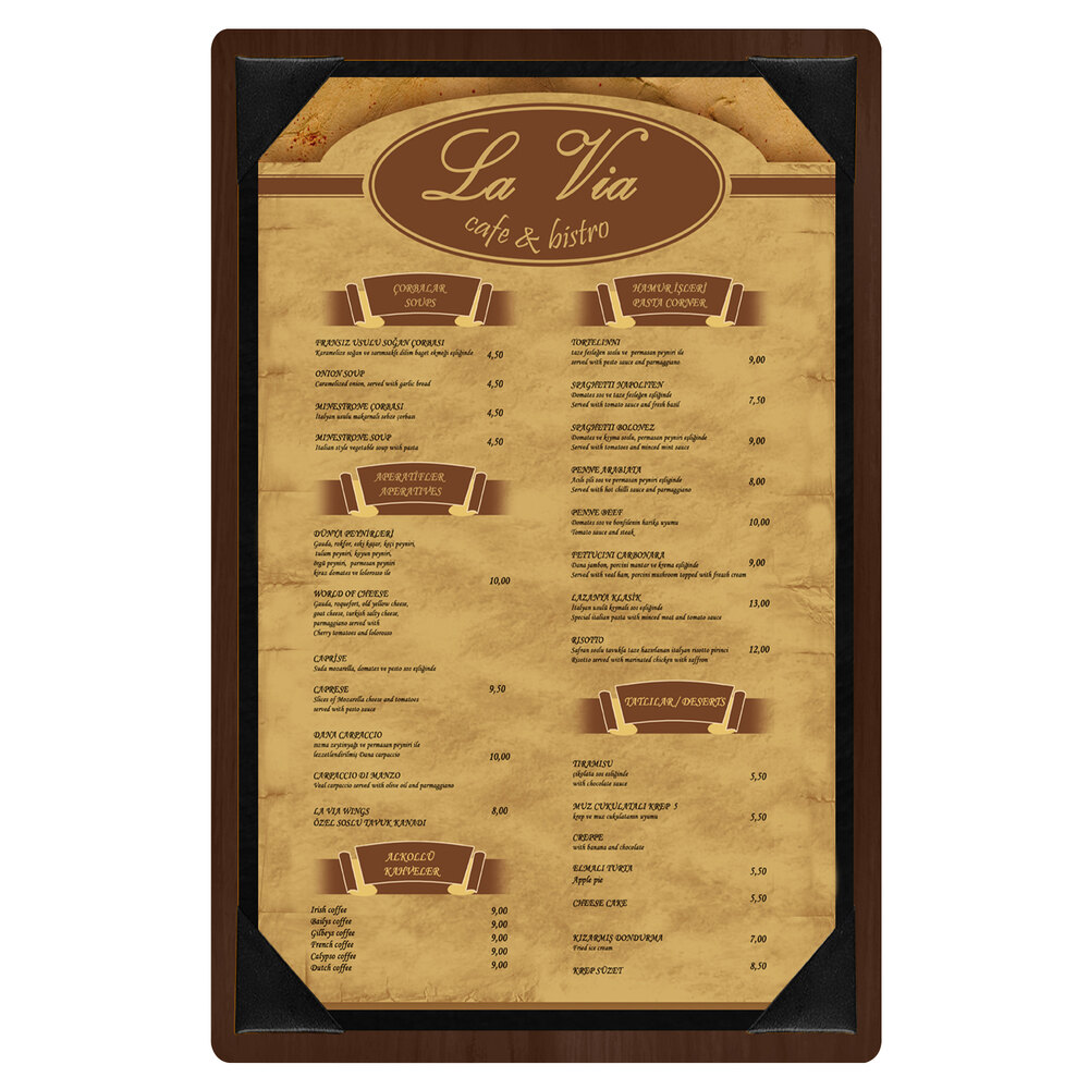 Menu Solutions WDPIX-A Walnut 5 1/2" x 8 1/2" Customizable Wood Menu Board with Picture Corners