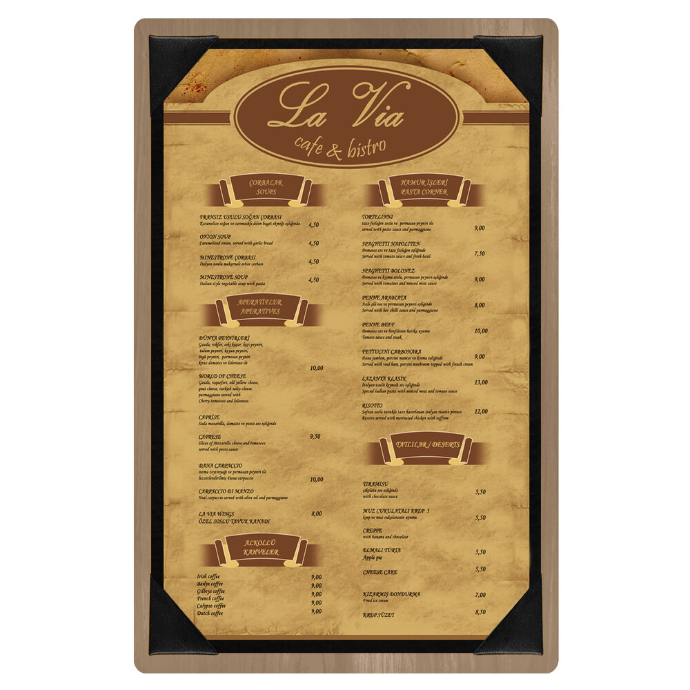 Menu Solutions WDPIX-A Weathered Walnut 5 1/2" x 8 1/2" Customizable Wood Menu Board with Picture Corners