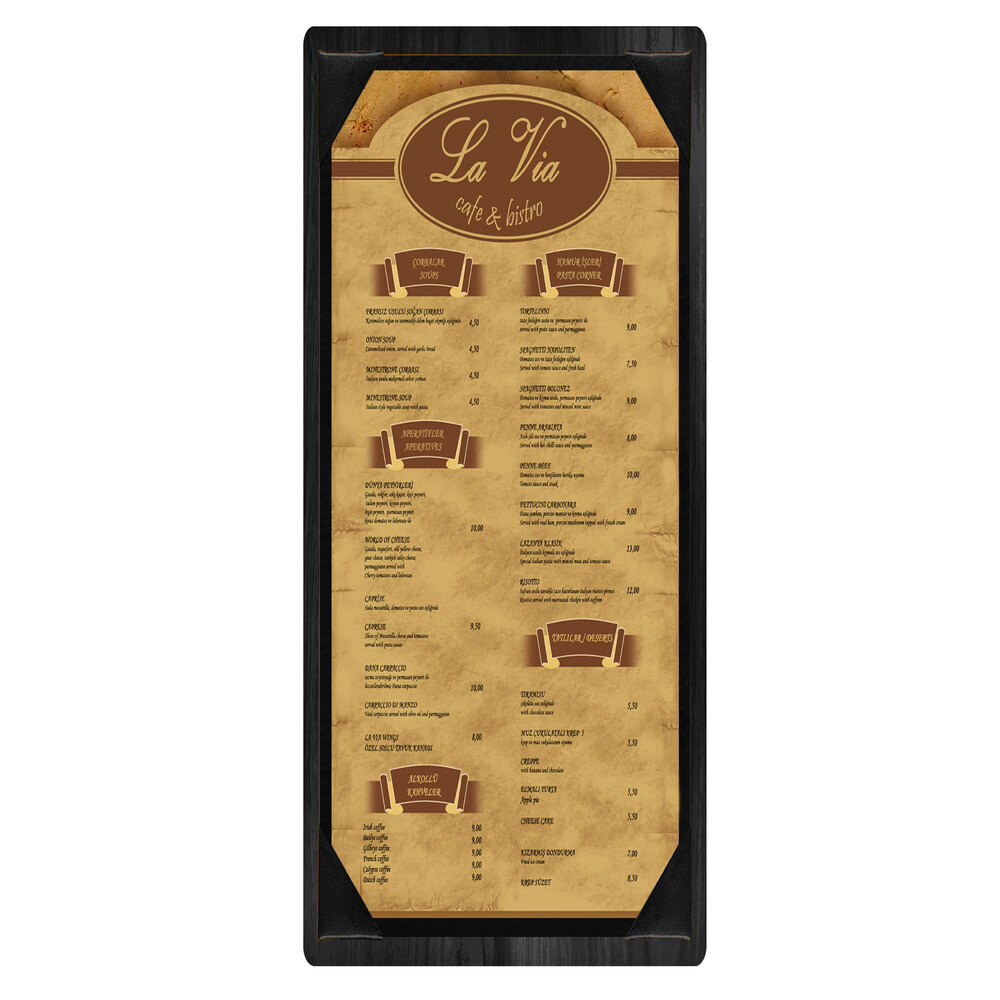Menu Solutions WDPIX-BA Black 4 1/4" x 11" Customizable Wood Menu Board with Picture Corners