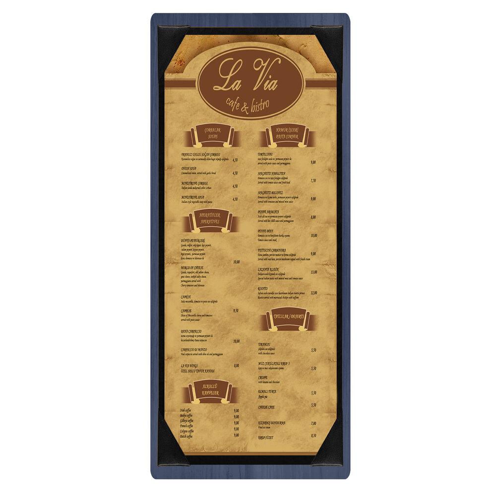Menu Solutions WDPIX-BA Denim 4 1/4" x 11" Customizable Wood Menu Board with Picture Corners