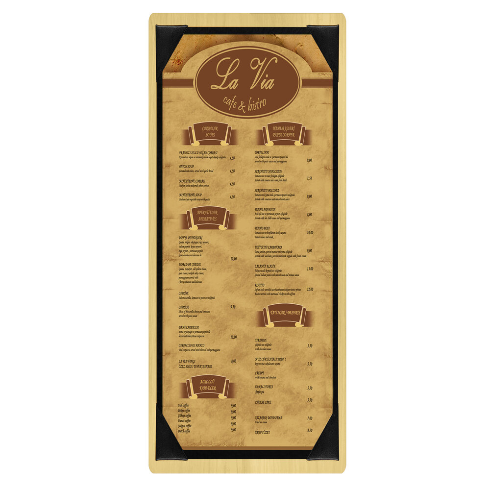 Menu Solutions WDPIX-BA Natural 4 1/4" x 11" Customizable Wood Menu Board with Picture Corners