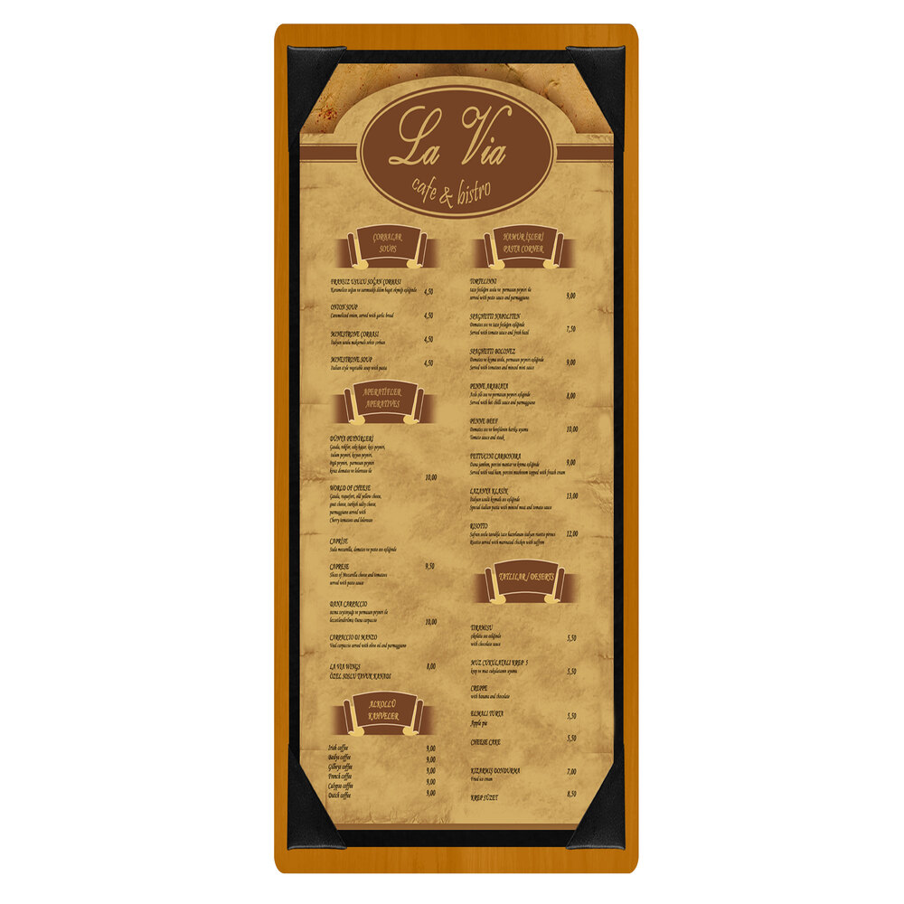 Menu Solutions WDPIX-BA Country Oak 4 1/4" x 11" Customizable Wood Menu Board with Picture Corners
