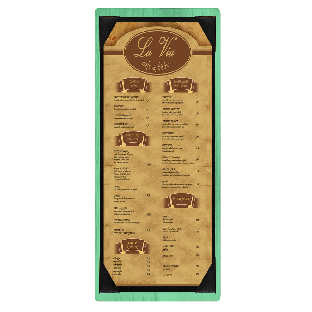 Menu Solutions WDPIX-BA Washed Teal 4 1/4" x 11" Customizable Wood Menu Board with Picture Corners