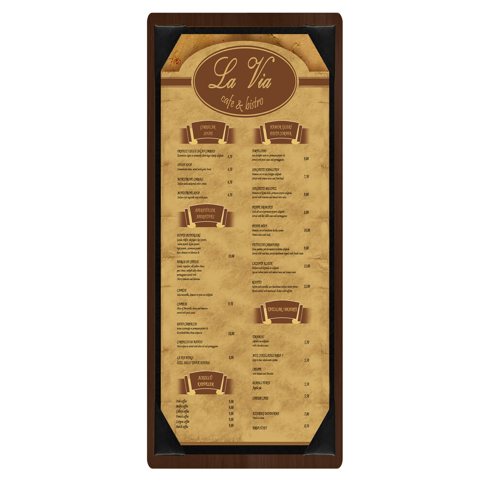 Menu Solutions WDPIX-BA Walnut 4 1/4" x 11" Customizable Wood Menu Board with Picture Corners