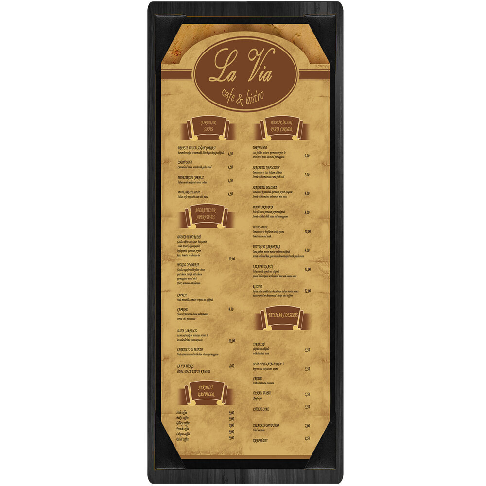 Menu Solutions WDPIX-BD Black 4 1/4" x 14" Customizable Wood Menu Board with Picture Corners