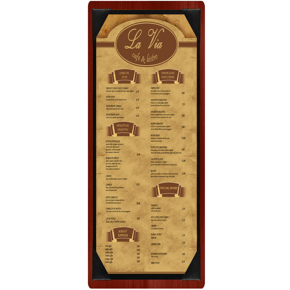 Menu Solutions WDPIX-BD Mahogany 4 1/4" x 14" Customizable Wood Menu Board with Picture Corners