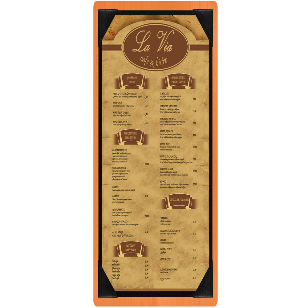 Menu Solutions WDPIX-BD Mandarin 4 1/4" x 14" Customizable Wood Menu Board with Picture Corners