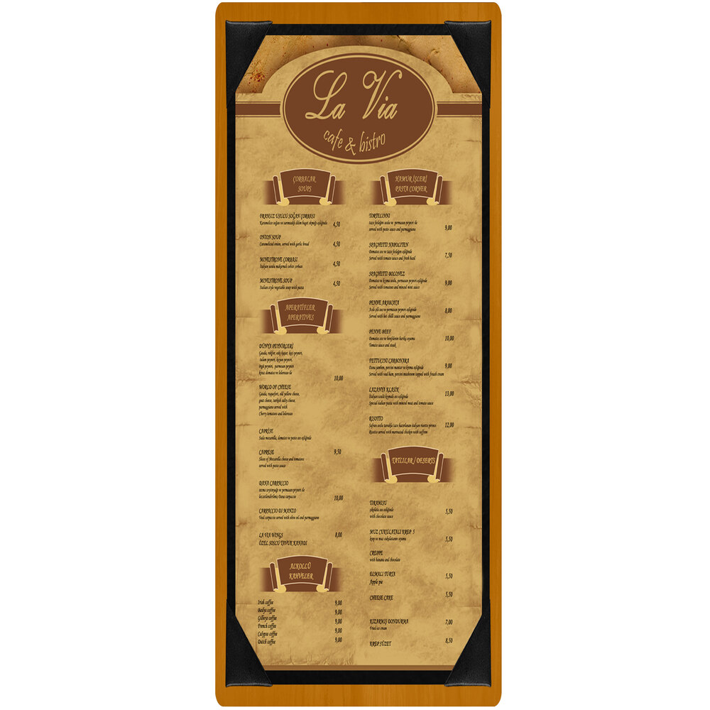 Menu Solutions WDPIX-BD Country Oak 4 1/4" x 14" Customizable Wood Menu Board with Picture Corners