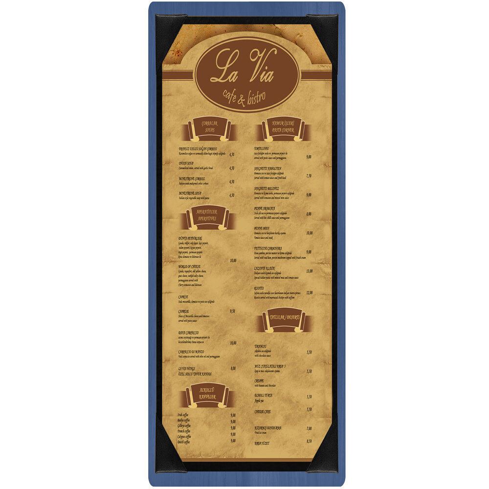 Menu Solutions WDPIX-BD True Blue 4 1/4" x 14" Customizable Wood Menu Board with Picture Corners