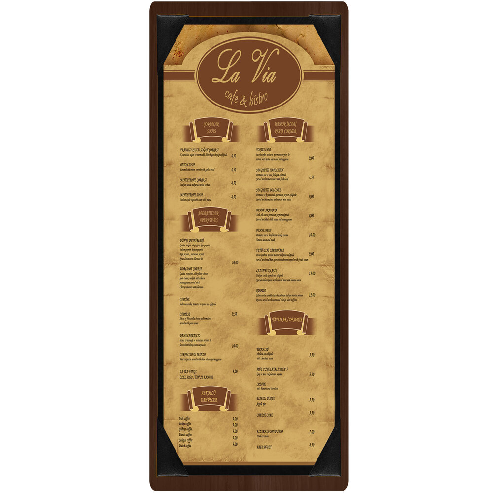 Menu Solutions WDPIX-BD Walnut 4 1/4" x 14" Customizable Wood Menu Board with Picture Corners