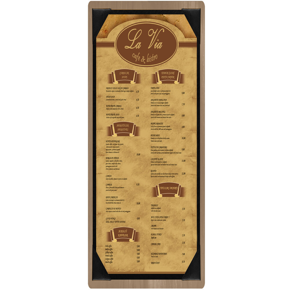 Menu Solutions WDPIX-BD Weathered Walnut 4 1/4" x 14" Customizable Wood Menu Board with Picture Corners