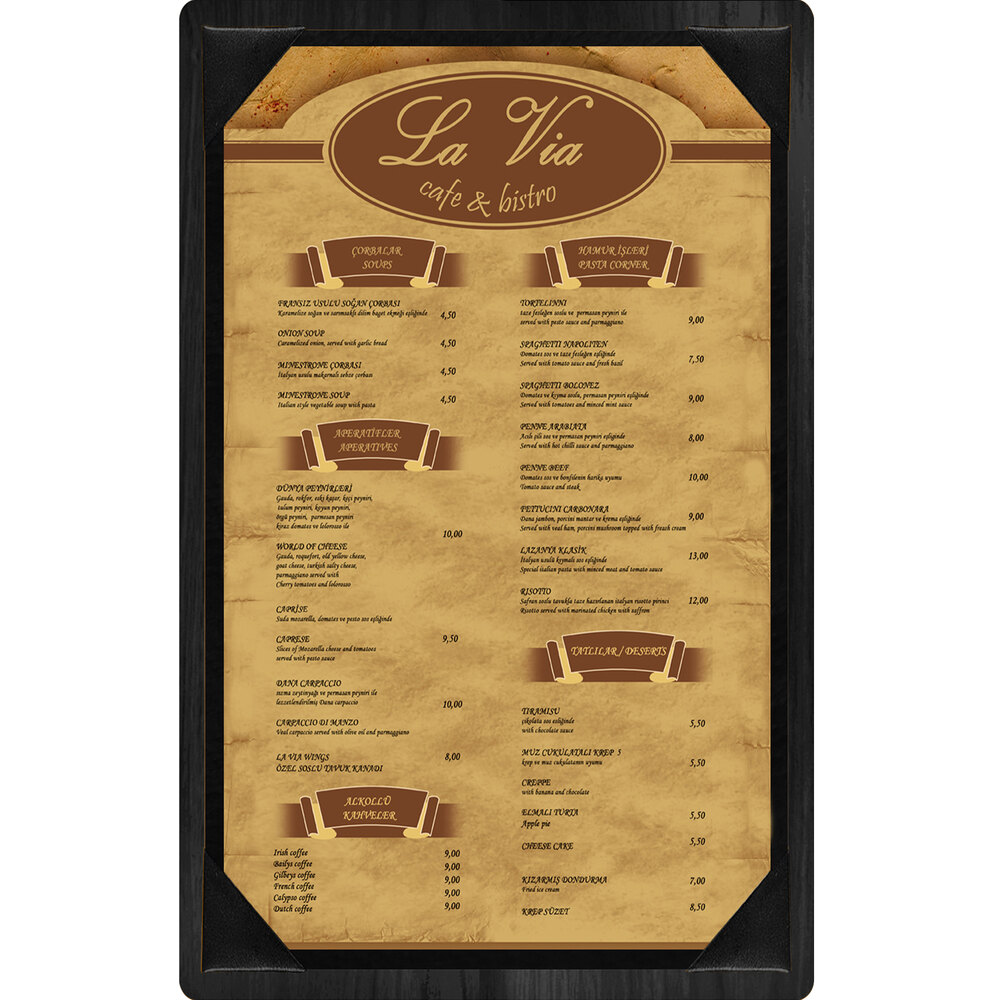 Menu Solutions WDPIX-D Black 8 1/2" x 14" Customizable Wood Menu Board with Picture Corners