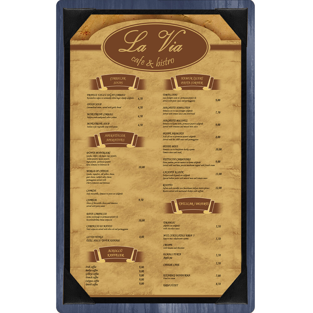 Menu Solutions WDPIX-D Denim 8 1/2" x 14" Customizable Wood Menu Board with Picture Corners